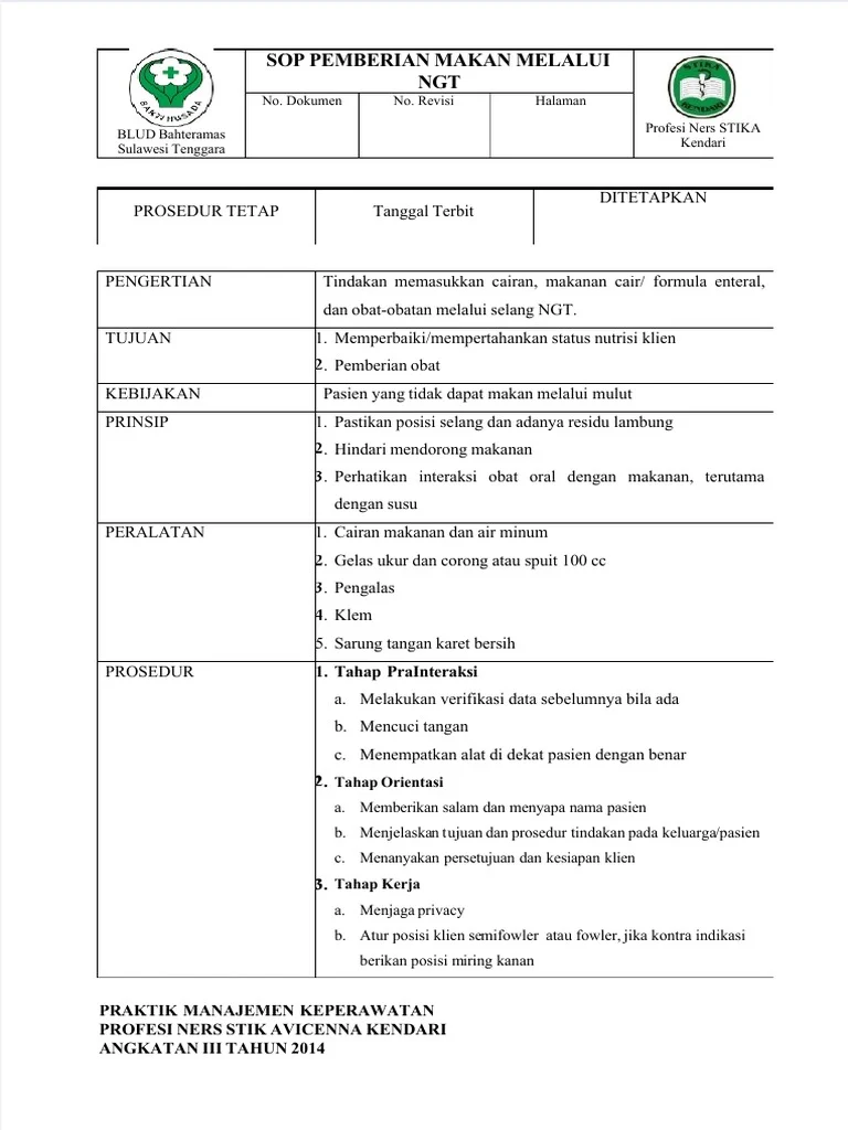 Dokumen - Tips - Sop Pemberian Makan Melalui Ngtdocx | PDF