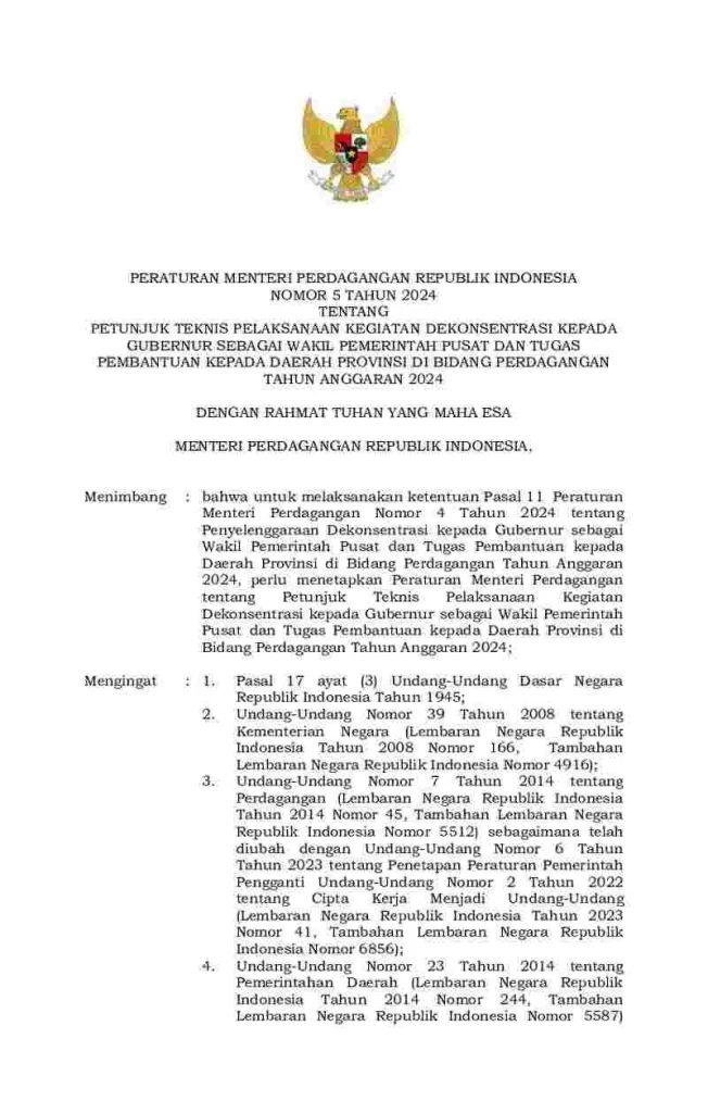 Peraturan Menteri Perdagangan No 5 tahun 2024 tentang Petunjuk Teknis