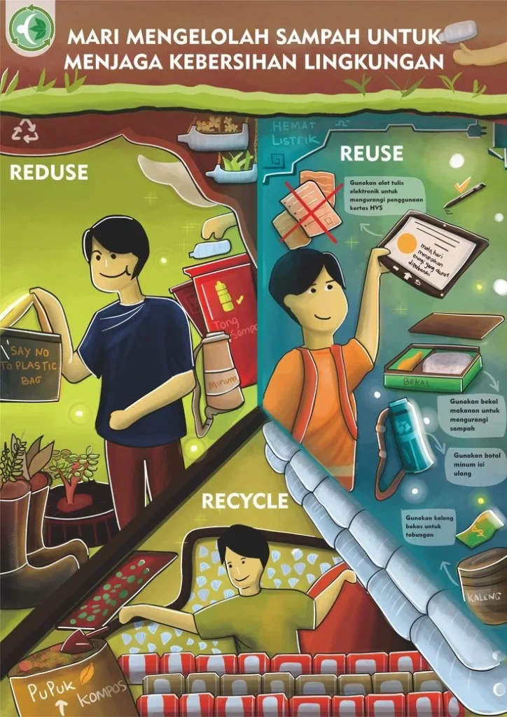 Poster Ilustrasi Penerapan 3R (Reduse, Reuse, Recycle | Seni lingkungan