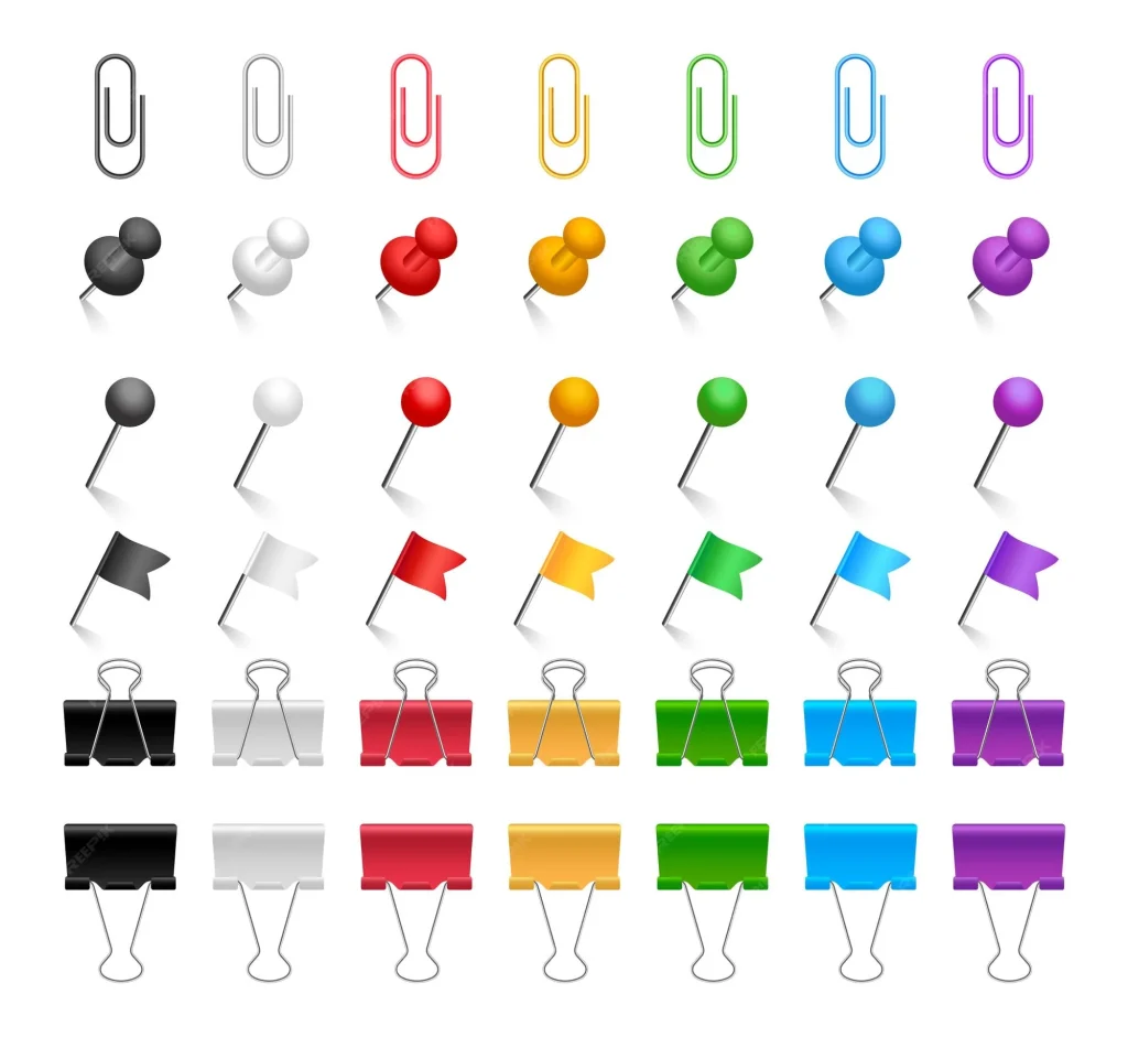 Set pin dan klip kertas. Klip binder berwarna, pin dorong, bendera, dan