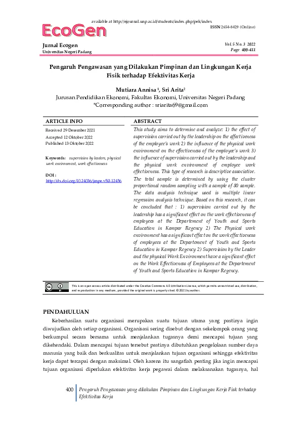 (PDF) Pengaruh Pengawasan yang Dilakukan Pimpinan dan Lingkungan Kerja